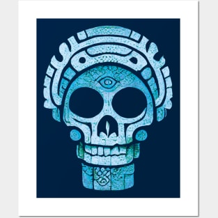 Mayan Blue Tribal Skull Posters and Art